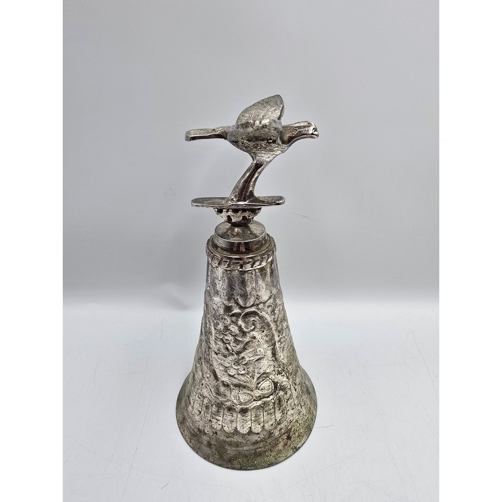 Vintage Bird Topper Hand Bell Silver Tone Floral Embossed. Santeria 7.25in